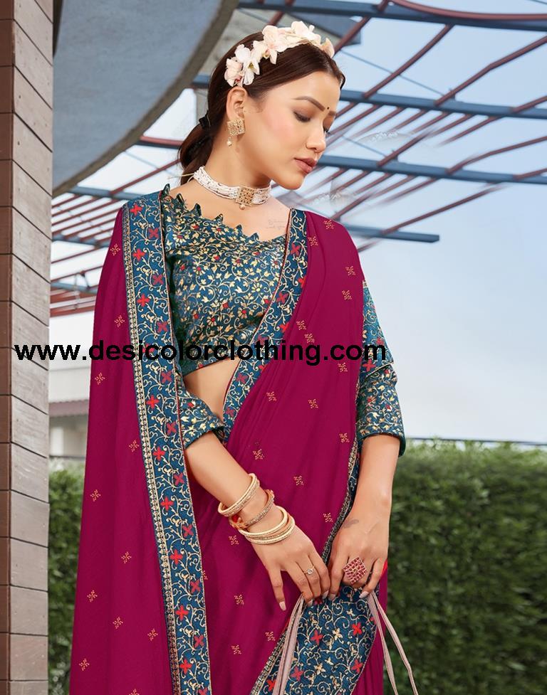 Dark Pink & Blue Silk Saree with Lace, Hot Fixing & Jacquard Brocade Blouse