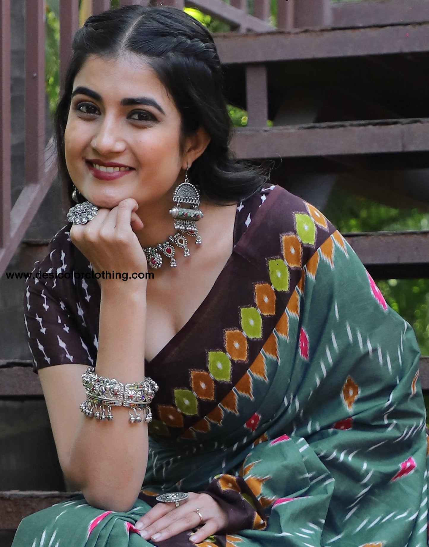 Dusty Green Cotton Printed Saree