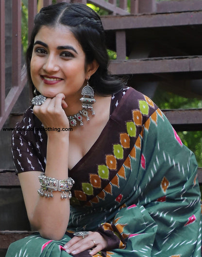 Dusty Green Cotton Printed Saree