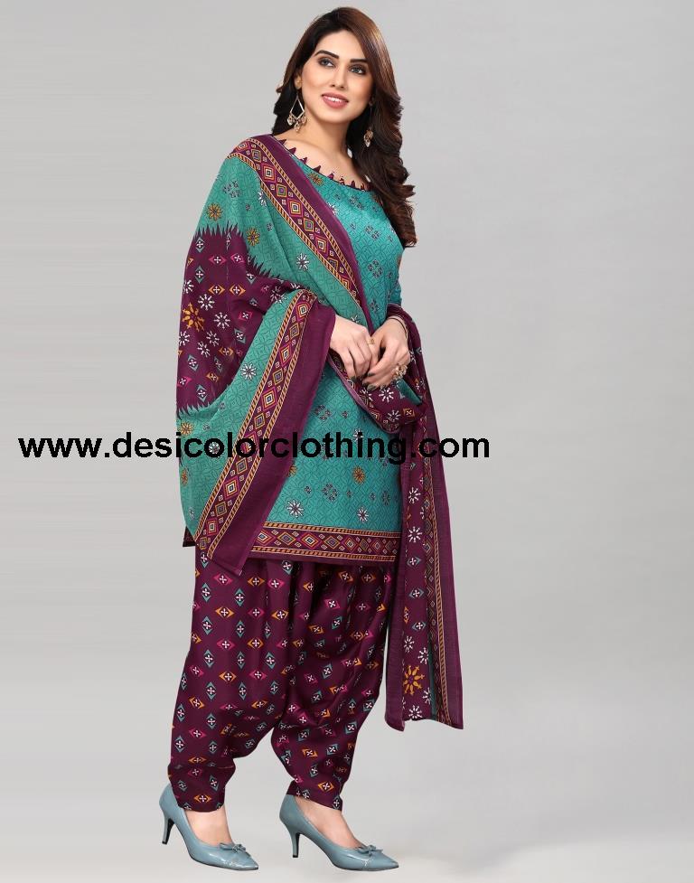 Turquoise Green Printed Cotton Unstitched Salwar Suit Material