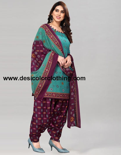 Turquoise Green Printed Cotton Unstitched Salwar Suit Material