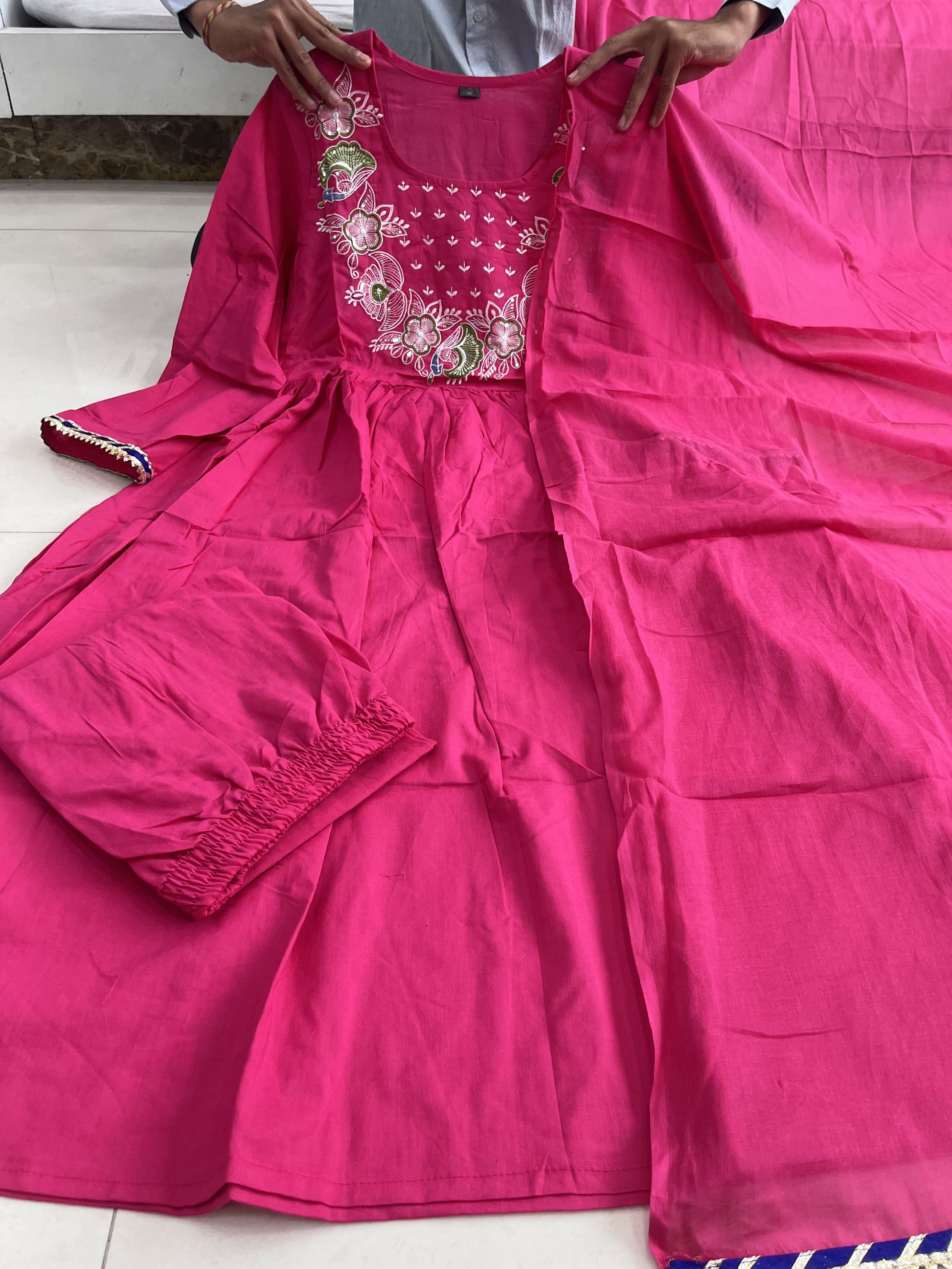Product Image - Designer Cotton Anarkali Suit Set with Embroidered Dupatta - Festive & Wedding Wear