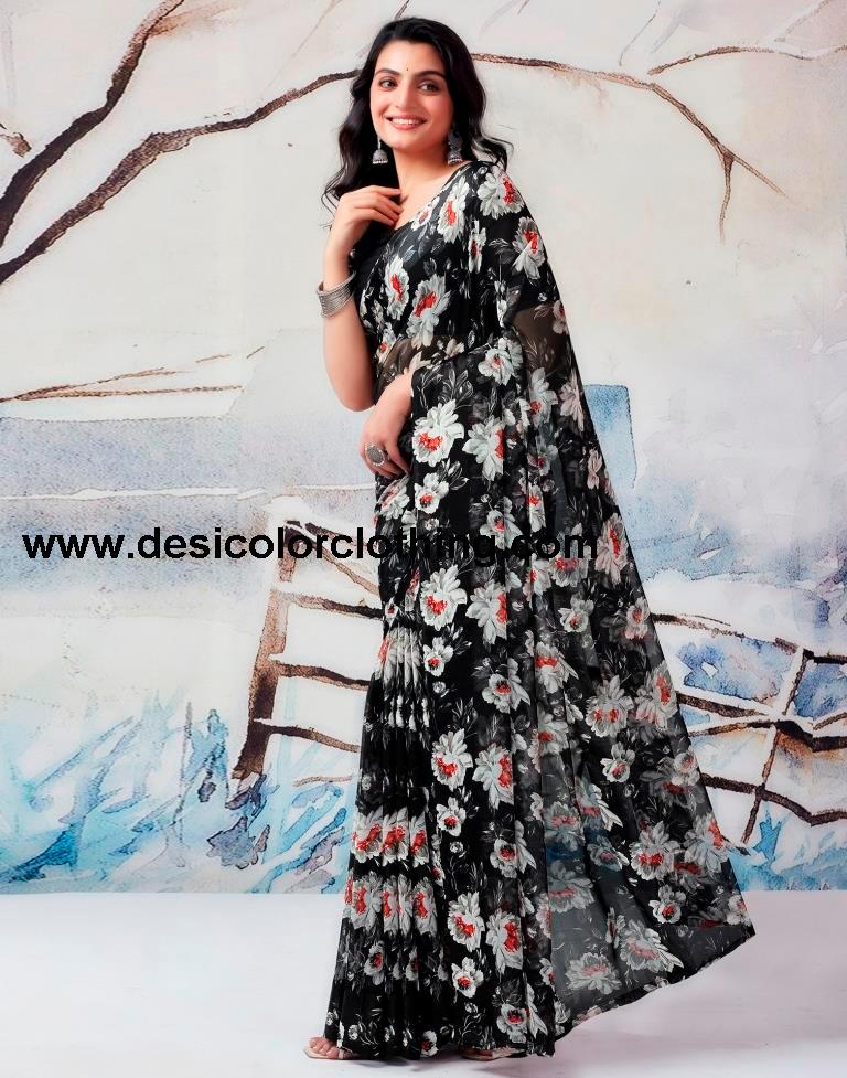 Black Georgette Printed  Saree