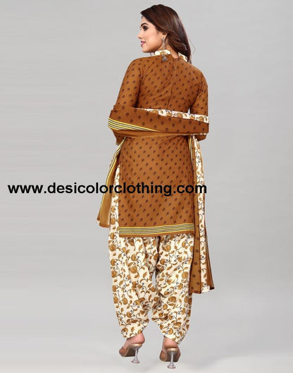 Brown Printed Cotton Unstitched Salwar Suit Material