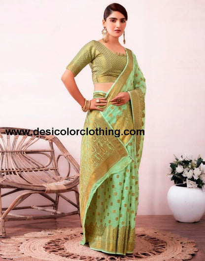 Pista Green Silk Plain Saree