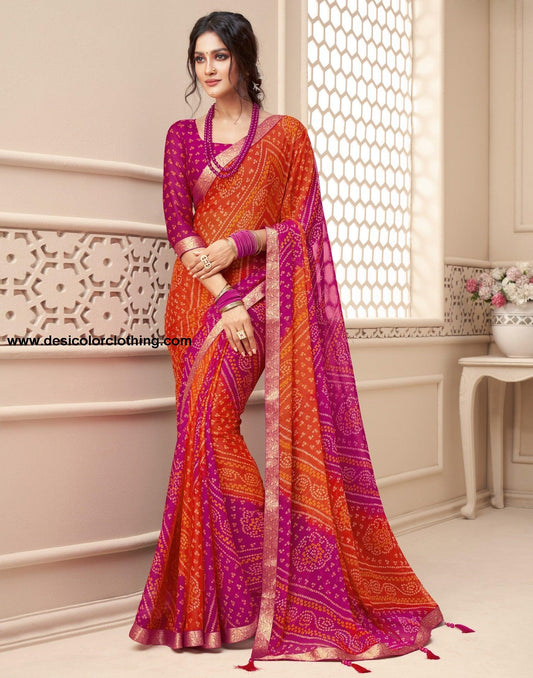 Pink And Orange Bandhani Saree