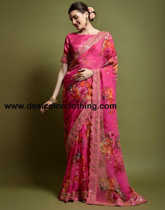 Pink Printed Chiffon Saree