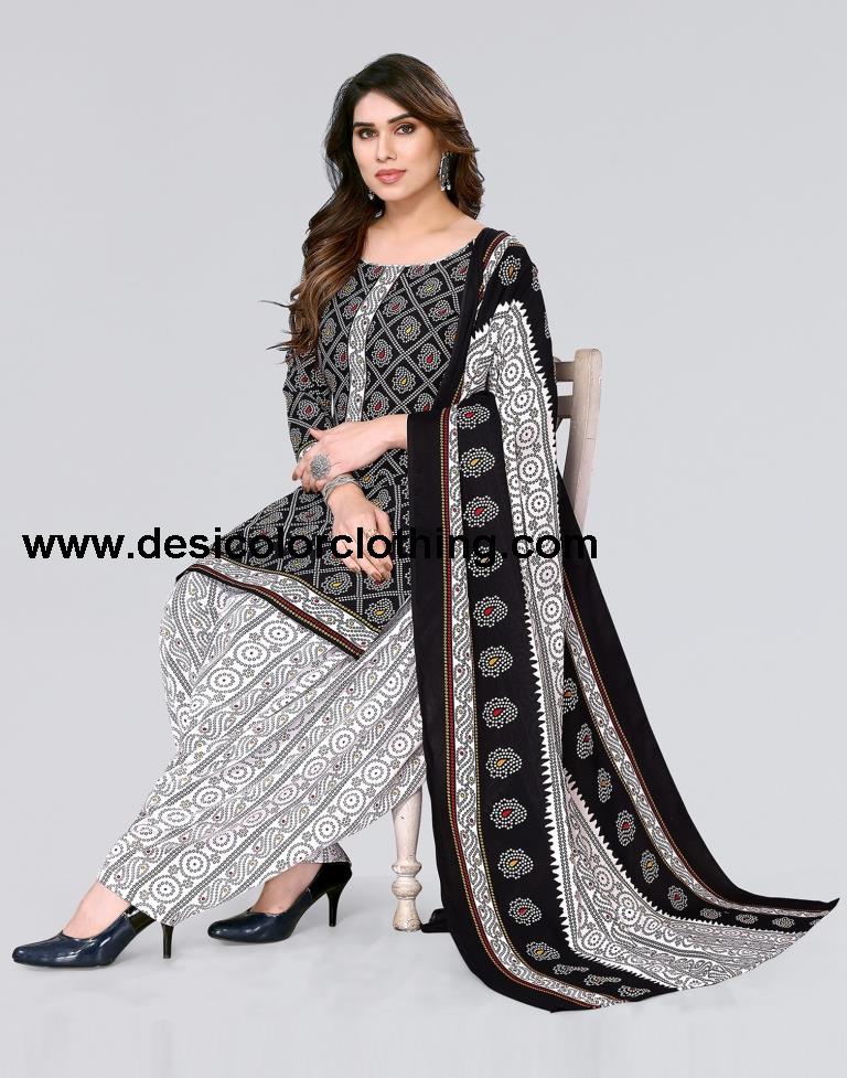 Black Printed Cotton Unstitched Salwar Suit Material