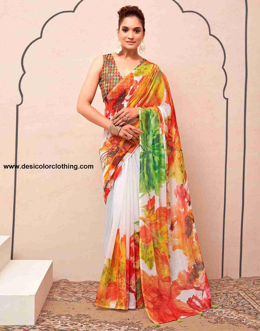 White Cotton Printed Saree