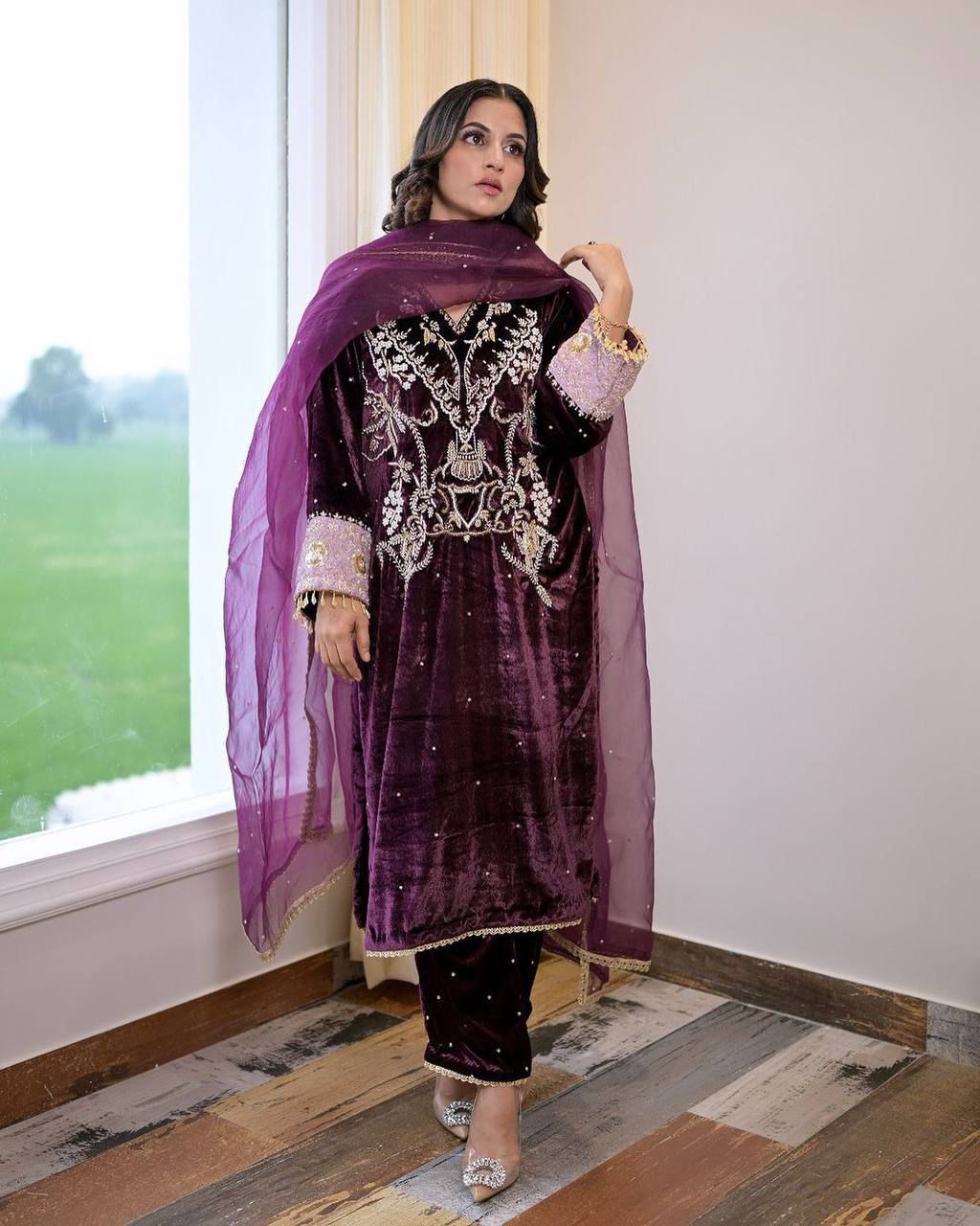 Product Image - Designer Velvet Sequence Embroidery Suit with Dupatta