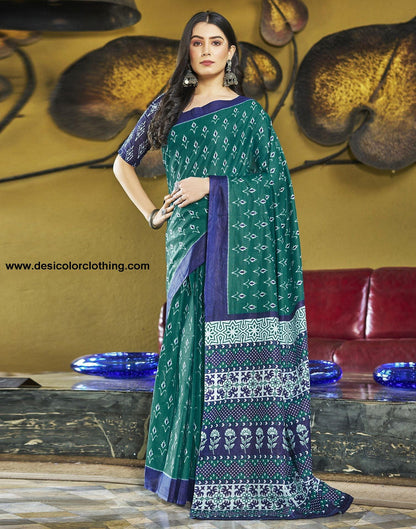 Rama Green Printed Cotton Pre-draped Saree