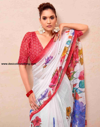 White Cotton Printed Saree