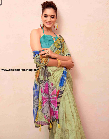Yellow Cotton Printed Saree