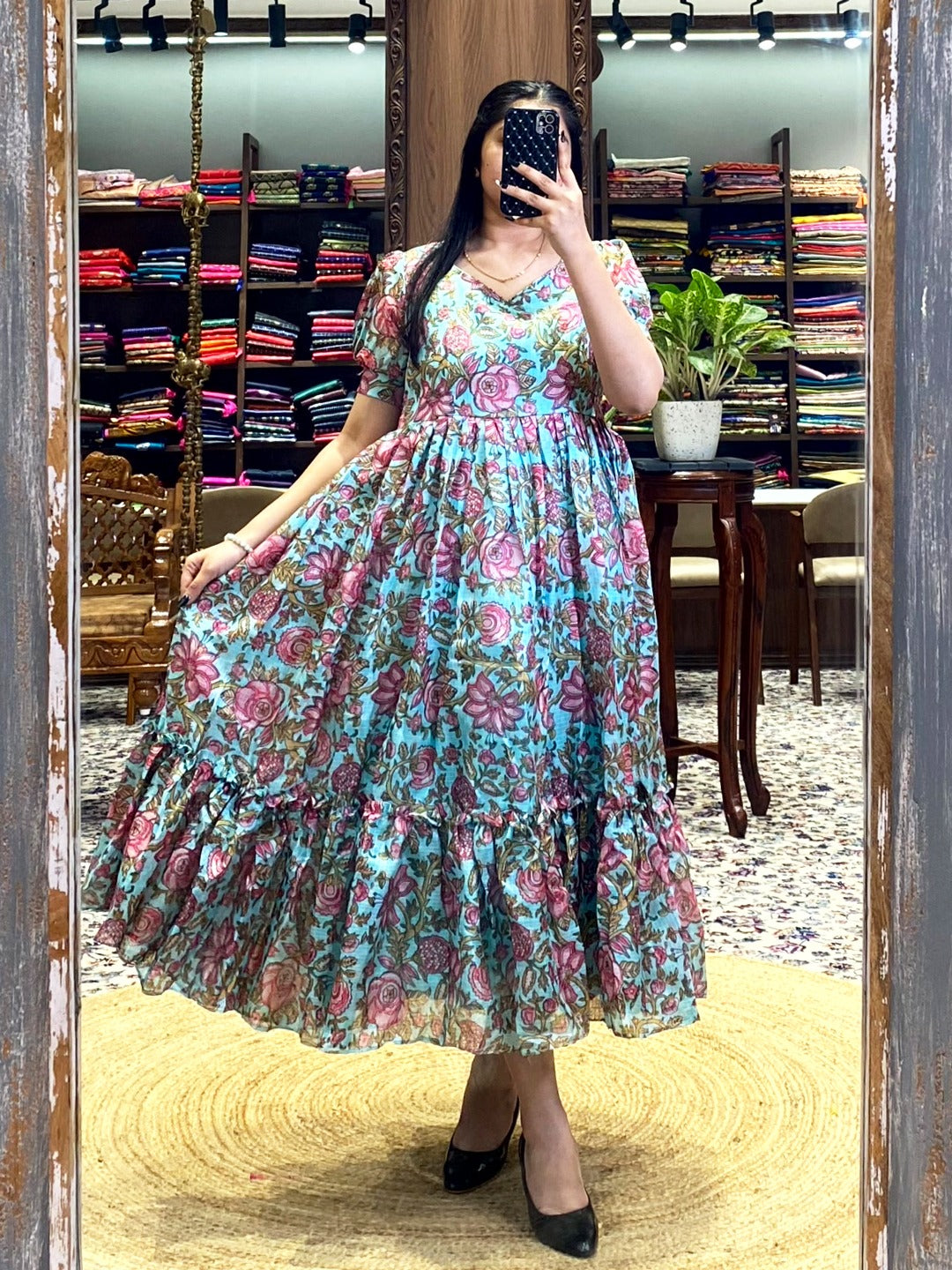 Product Image - Elegant Floral Midi Dress in Kota Fabric | Perfect Festive & Party Wear