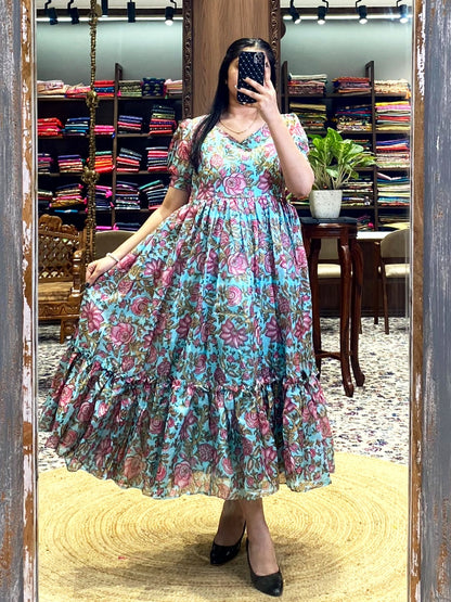 Product Image - Elegant Floral Midi Dress in Kota Fabric | Perfect Festive & Party Wear