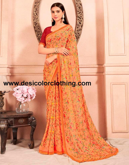 Orange Chiffon Printed Saree