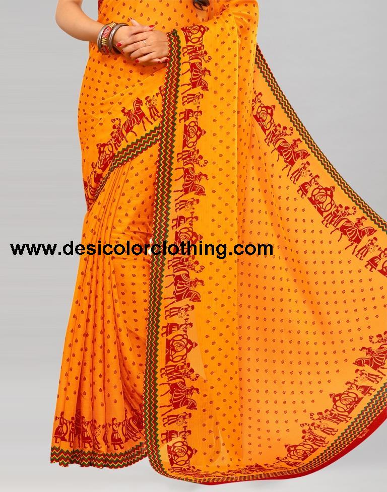 Yellow Printed Chiffon Saree
