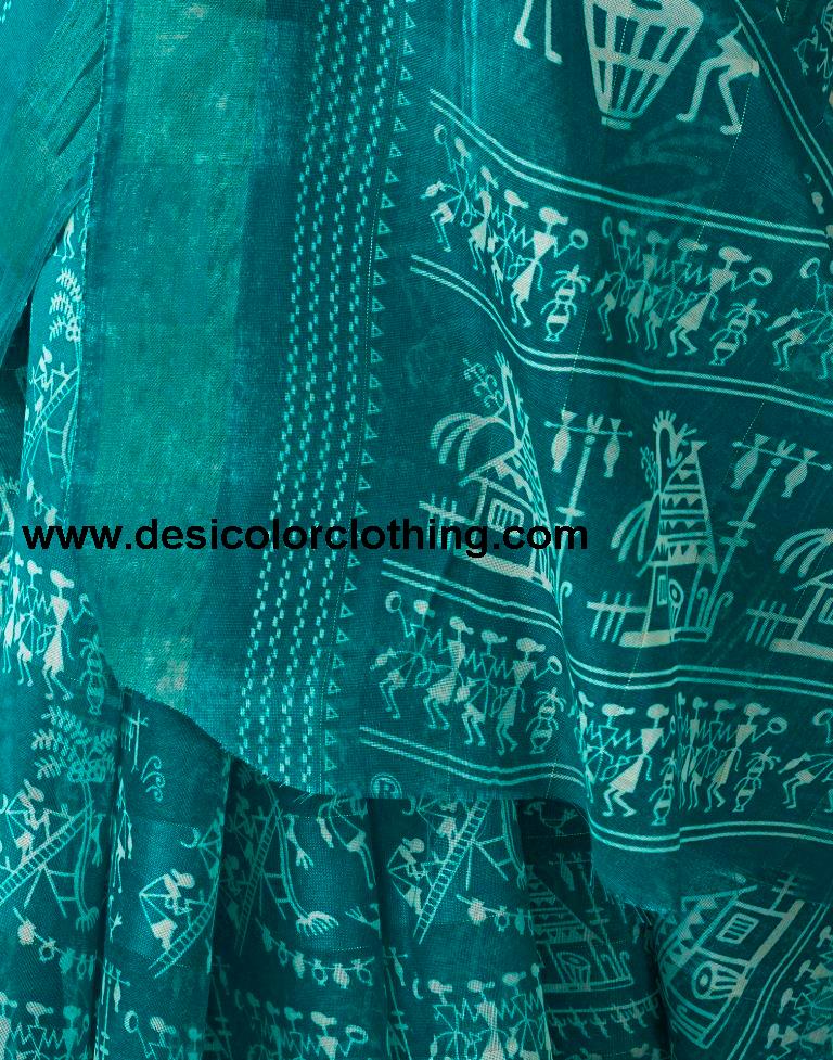 Teal Blue Cotton Zari Saree