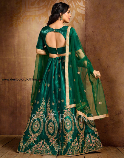 Bottle Green Coloured Poly Silk Embroidered Partywear Lehenga  | SLV125L10495