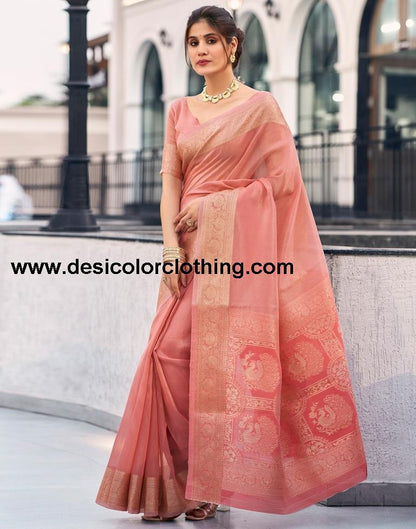 Rose Pink Organza Woven Saree