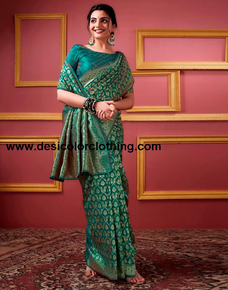 Teal Blue Silk Weaving Saree