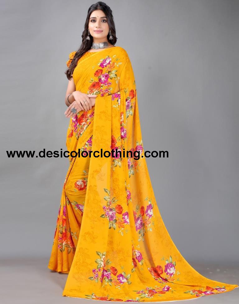 Yellow Printed Georgette Saree