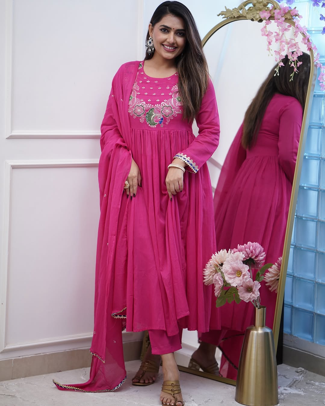 Product Image - Designer Cotton Anarkali Suit Set with Embroidered Dupatta - Festive & Wedding Wear