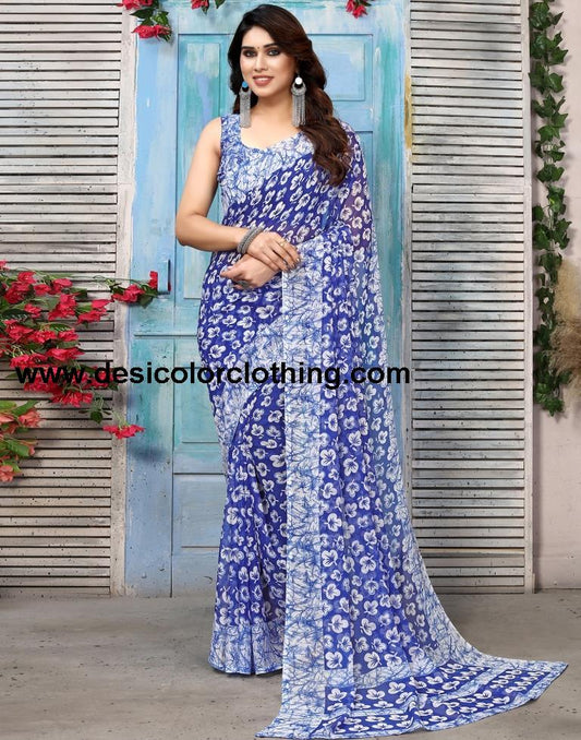 Blue Chiffon Printed Saree