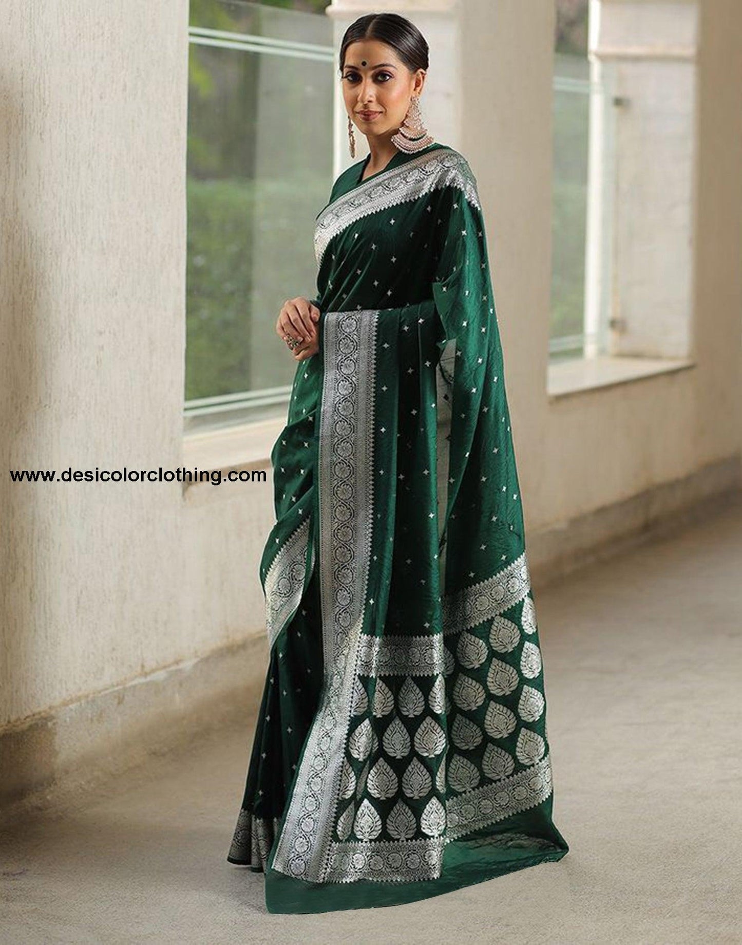 Dark Green Silk Plain Saree