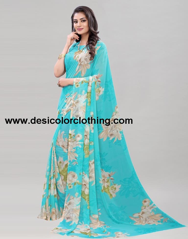 Aqua Blue Printed Saree