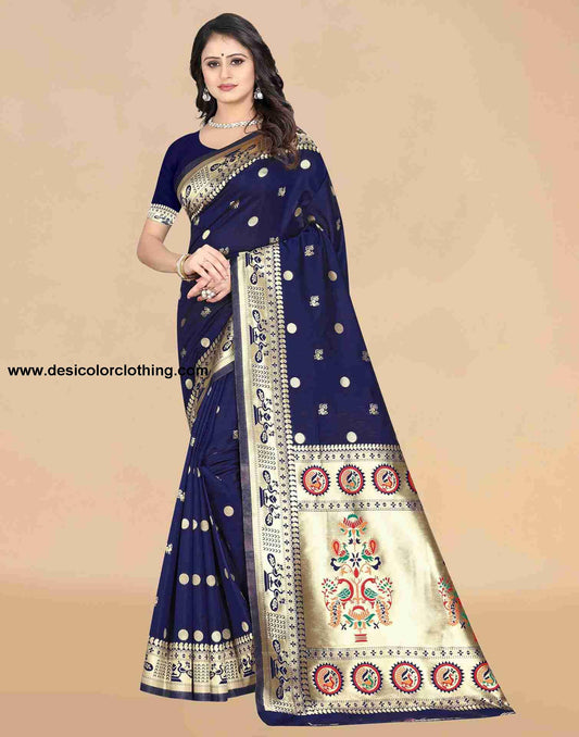 Elegant Navy Blue Silk Saree with Golden Woven Design