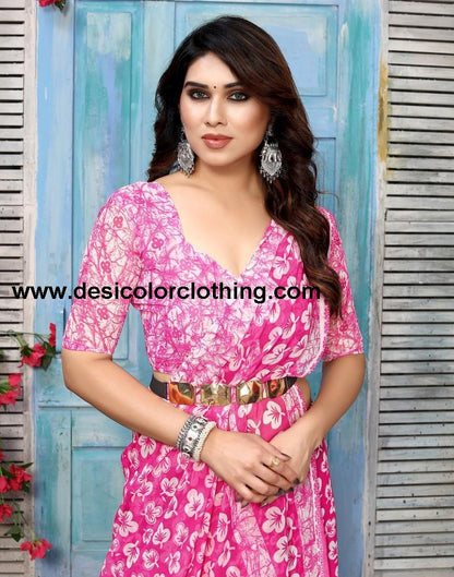 Pink Chiffon Printed Saree