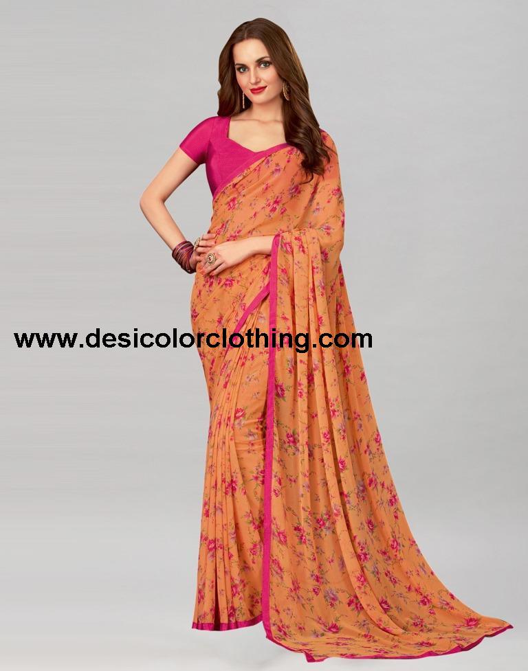 Orange Printed Georgette Saree