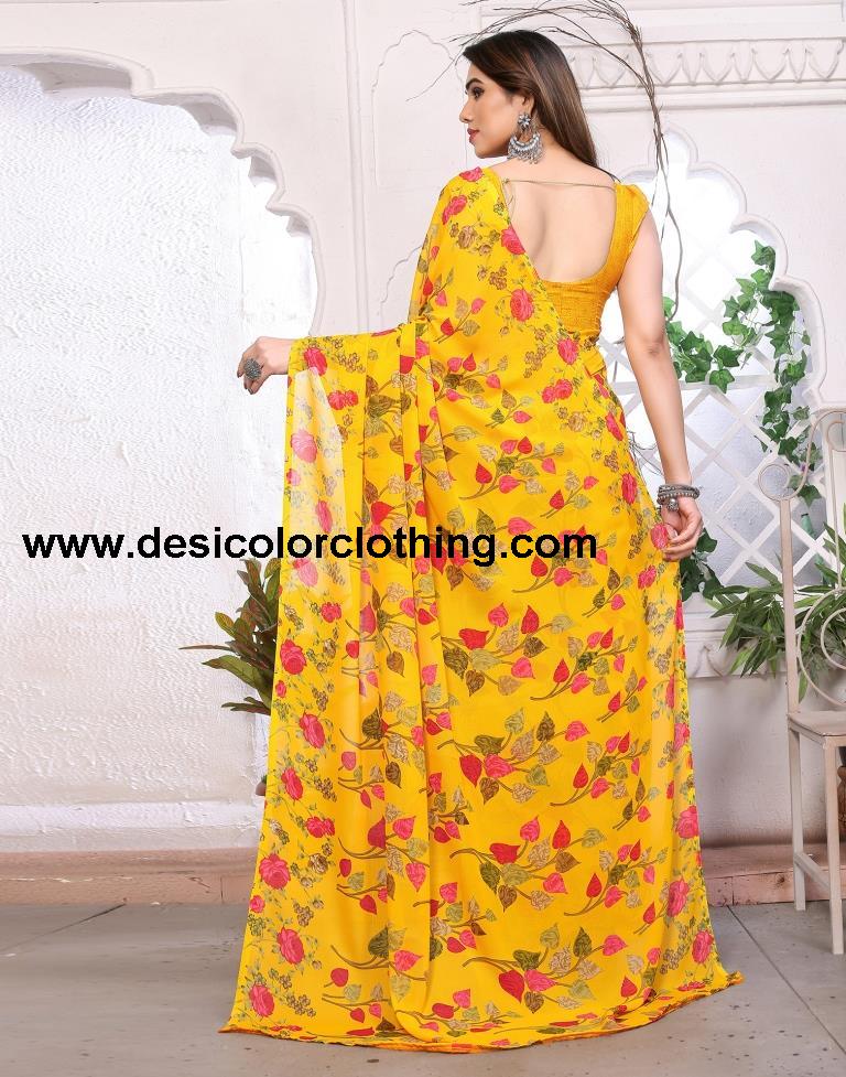 Turmeric Yellow Georgette Floral Printed Saree