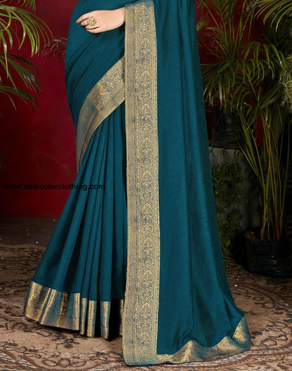Dark Teal Blue Plain Silk Saree