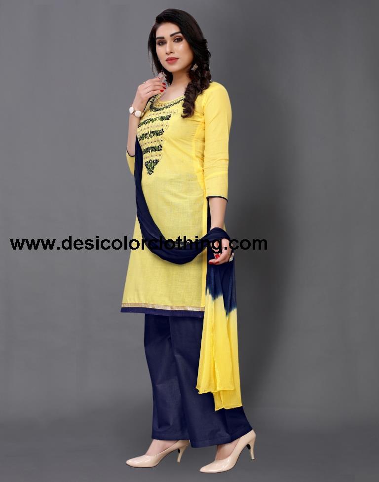 Yellow Cotton Embroidered Unstitched Salwar Suit