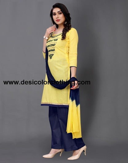 Yellow Cotton Embroidered Unstitched Salwar Suit
