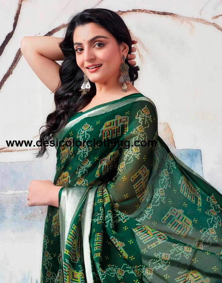 Dark Green Chiffon Printed  Saree