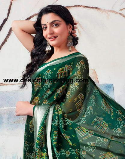 Dark Green Chiffon Printed  Saree