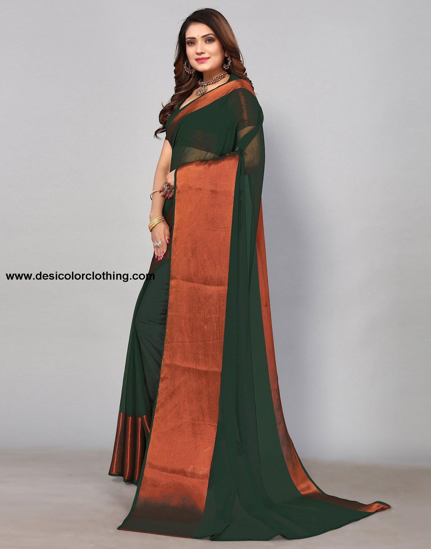 Dark Green Chiffon Plain Saree