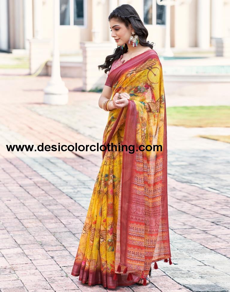 Turmeric Yellow Linen Printed Sarees