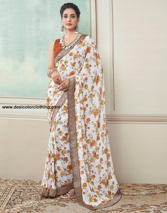 White Printed Georgette Saree