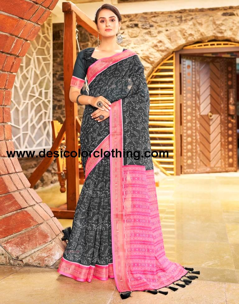 Dark Grey Linen Printed  Saree