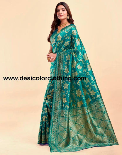 Teal Green Silk Plain Saree