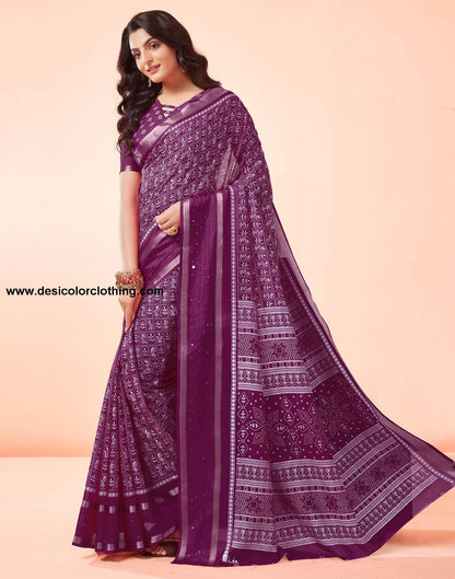 Wine Printed Cotton Saree