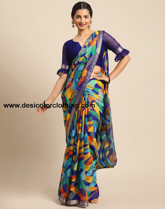Royal Blue Coloured Chiffon Geometric Printed Saree | SLV2212S1032