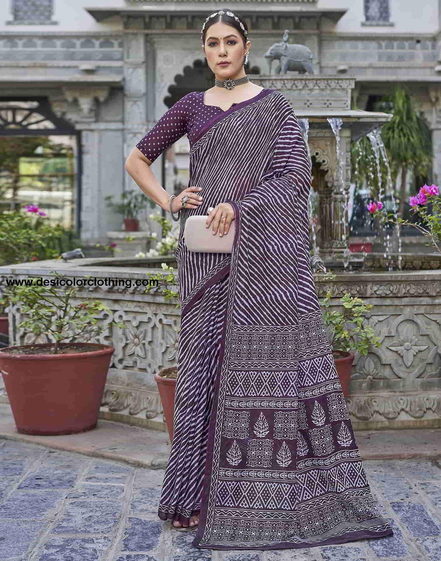 Wine Printed Cotton Leheriya Saree
