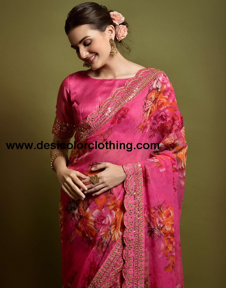 Pink Printed Chiffon Saree