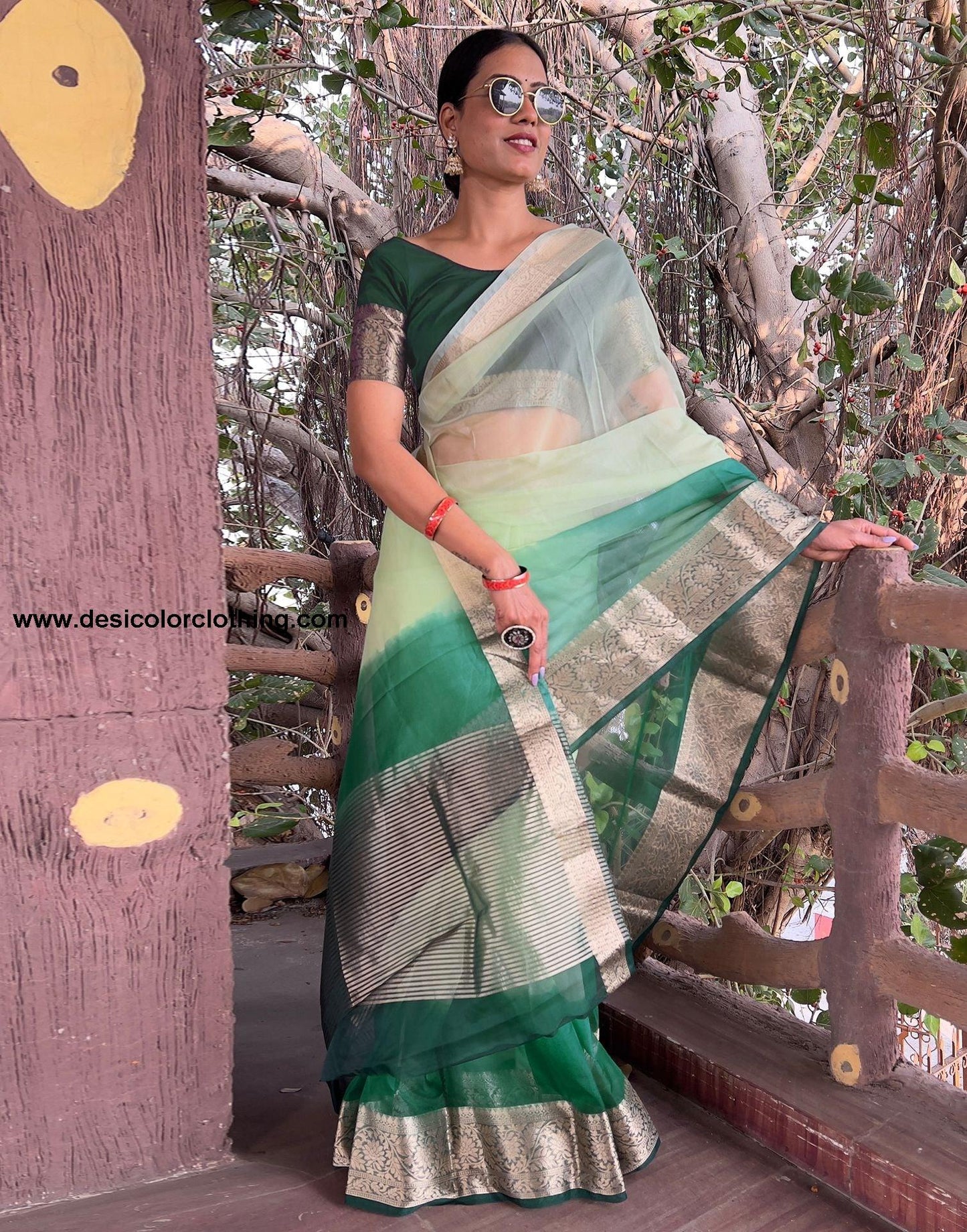 Dark Green Plain Organza Saree