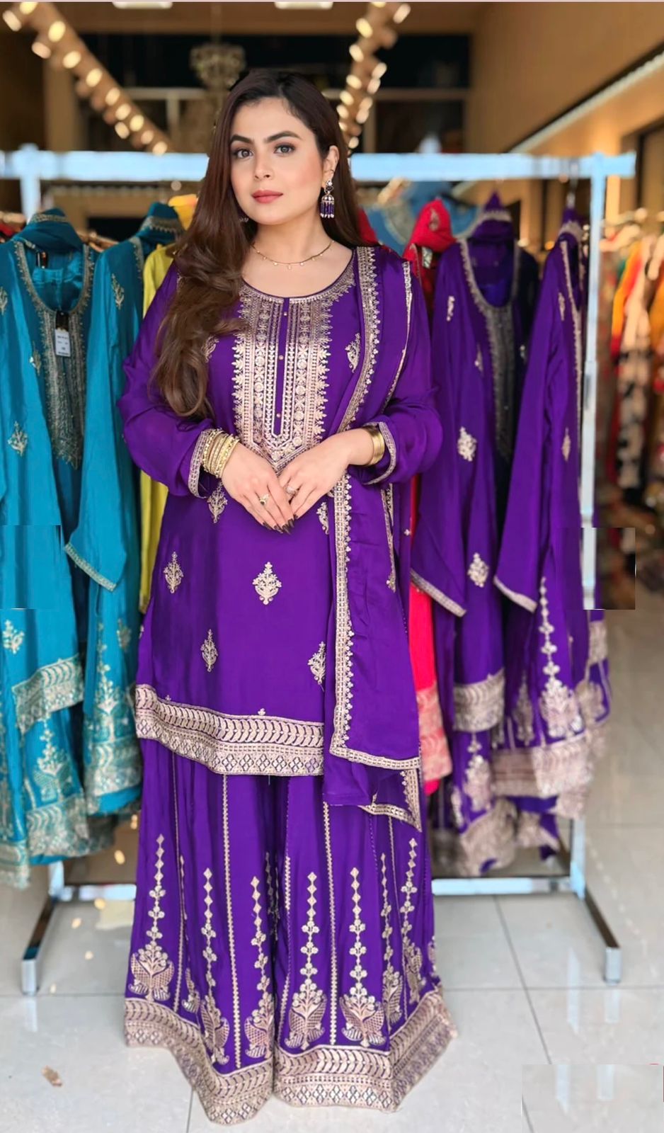 Product Image - Designer Pure Cinon Top-Sarara-Dupatta Set - Fully Stitched Ethnic Wear
